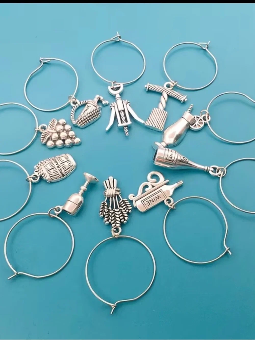 🆕 Set of 10 Wine Glass Markers Silver Wine Charm Hoop Set - 12pcs